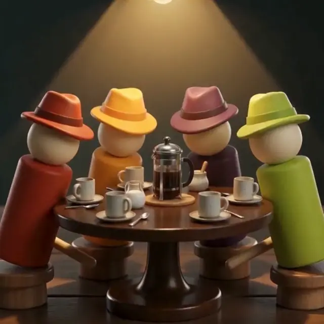 Four Dons around a café table under a lamp